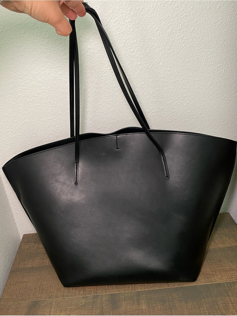 MANGO Double Handle Faux Leather Black Shopper Tote Bag
